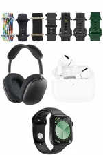Karler Bass K32 Kombo 7 Adet Kordon Akıllı Saat Airpods Kulaklık Kafa Üstü Kablosuz Kulaklık Set - Siyah