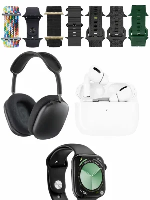 Karler Bass K32 Kombo 7 Adet Kordon Akıllı Saat Airpods Kulaklık Kafa Üstü Kablosuz Kulaklık Set - Siyah