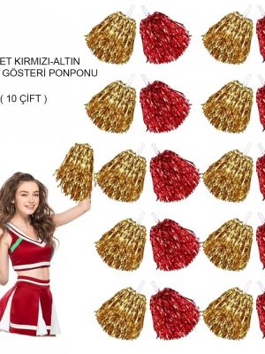 Kırmızı Altın Metalik Dolgun Gösteri Ponponu 20 Adet (10 Çift)