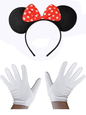 Kırmızı Fiyonklu Minnie Mouse Tacı ve Beyaz Eldiven Seti