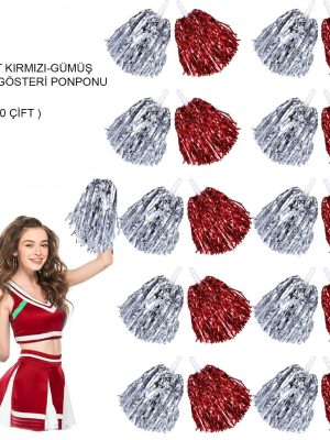 Kırmızı Gümüş Metalik Dolgun Gösteri Ponponu 20 Adet (10 Çift)