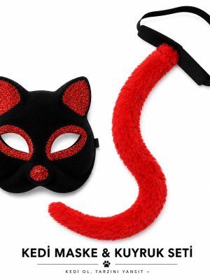 Kırmızı Kedi Maske ve Kuyruk Seti Parti Kostüm Aksesuarı