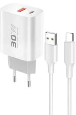 Konfulon C89Q 1 Adet 30W Type-C ve 1 Adet 22.5W USB Çıkışlı Ekstra DL49 1M USB to Type-C Kablolu PD Şarj Cihazı - Beyaz