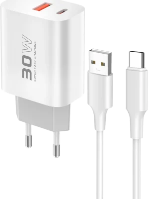 Konfulon C89Q 1 Adet 30W Type-C ve 1 Adet 22.5W USB Çıkışlı Ekstra DL49 1M USB to Type-C Kablolu PD Şarj Cihazı - Beyaz