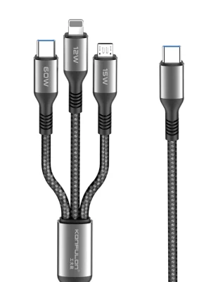 Konfulon DC62 3in1 Type-C to 60W Type-C / 12W Lightning / 15W Micro 1.2M Hızlı Şarj Kablo - Siyah