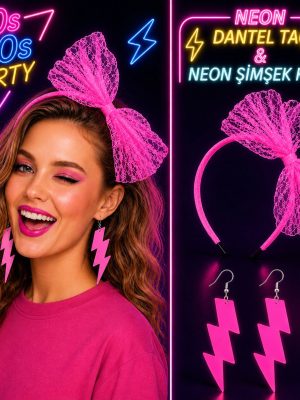 Neon Pembe Dantel Taç ve Şimşek Küpe 80'ler 90'lar Parti Seti