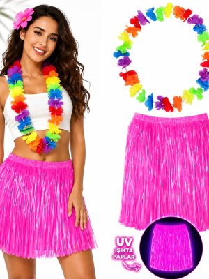 Neon Pembe Hawaii Etek 40 cm ve Rengarenk Hawaii Kolye