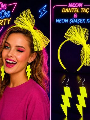 Neon Sarı Dantel Taç ve Şimşek Küpe 80'ler 90'lar Parti Seti