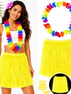Neon Sarı Hawaii Etek 40 cm ve Rengarenk Hawaii Kolye