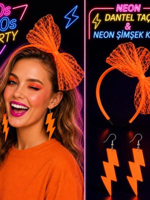Neon Turuncu Dantel Taç ve Şimşek Küpe 80'ler 90'lar Parti Seti