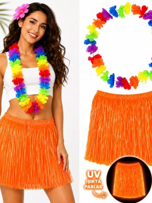 Neon Turuncu Hawaii Etek 40 cm ve Rengarenk Hawaii Kolye