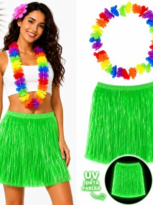 Neon Yeşil Hawaii Etek 40 cm ve Rengarenk Hawaii Kolye