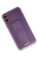 Newface iPhone 12 Kılıf Coco Karbon Standlı Kapak - Mor - Görsel 3