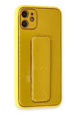 Newface iPhone 12 Kılıf Coco Karbon Standlı Kapak - Sarı - Görsel 2