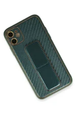 Newface iPhone 12 Kılıf Coco Karbon Standlı Kapak - Yeşil - Görsel 3