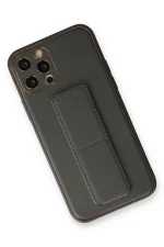 Newface iPhone 12 Pro Kılıf Coco Deri Standlı Kapak - Füme - Görsel 2