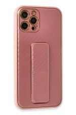 Newface iPhone 12 Pro Kılıf Coco Karbon Standlı Kapak - Pembe - Görsel 2