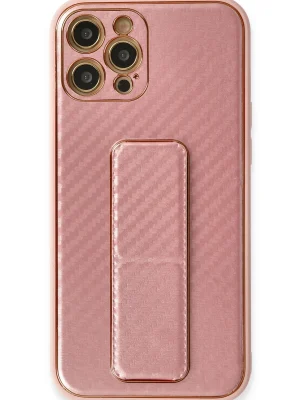 Newface iPhone 12 Pro Kılıf Coco Karbon Standlı Kapak - Pembe