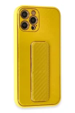 Newface iPhone 12 Pro Max Kılıf Coco Karbon Standlı Kapak - Sarı - Görsel 2