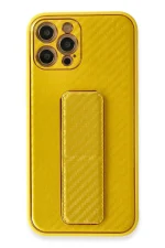 Newface iPhone 12 Pro Max Kılıf Coco Karbon Standlı Kapak - Sarı