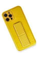 Newface iPhone 12 Pro Max Kılıf Coco Karbon Standlı Kapak - Sarı - Görsel 3