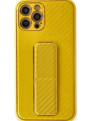 Newface iPhone 12 Pro Max Kılıf Coco Karbon Standlı Kapak - Sarı