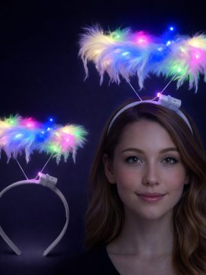 Renkli LED Işıklı Beyaz Tüylü Püsküllü Parti Tacı