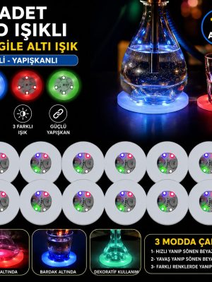 Renkli LED Işıklı Bardak Altlığı - Dekoratif (12 Adet, Pilli)