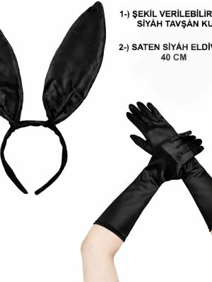 Siyah Parlak Tavşan Kulak ve 40 cm Parlak Siyah Eldiven Kostüm Seti