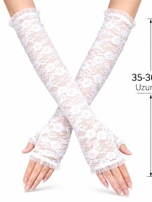Uzun Zarif Dantel Eldiven Parmaksız Beyaz 35 cm