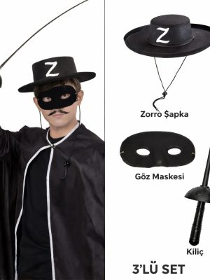 ZOR - RO KOSTÜM SETI 3’LÜ ÇOCUK – ŞAPKA, MASKE VE KILIÇ