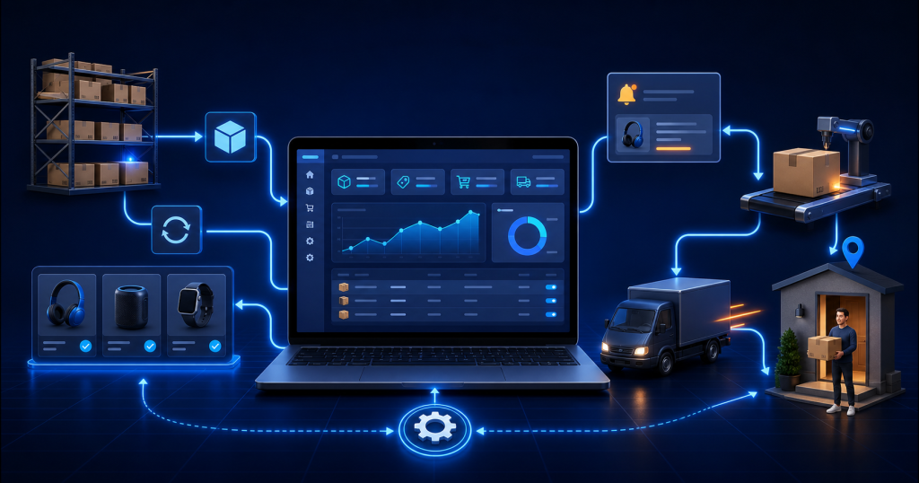 Otomatik dropshipping sisteminde ürün, sipariş, tedarik ve kargo akışı